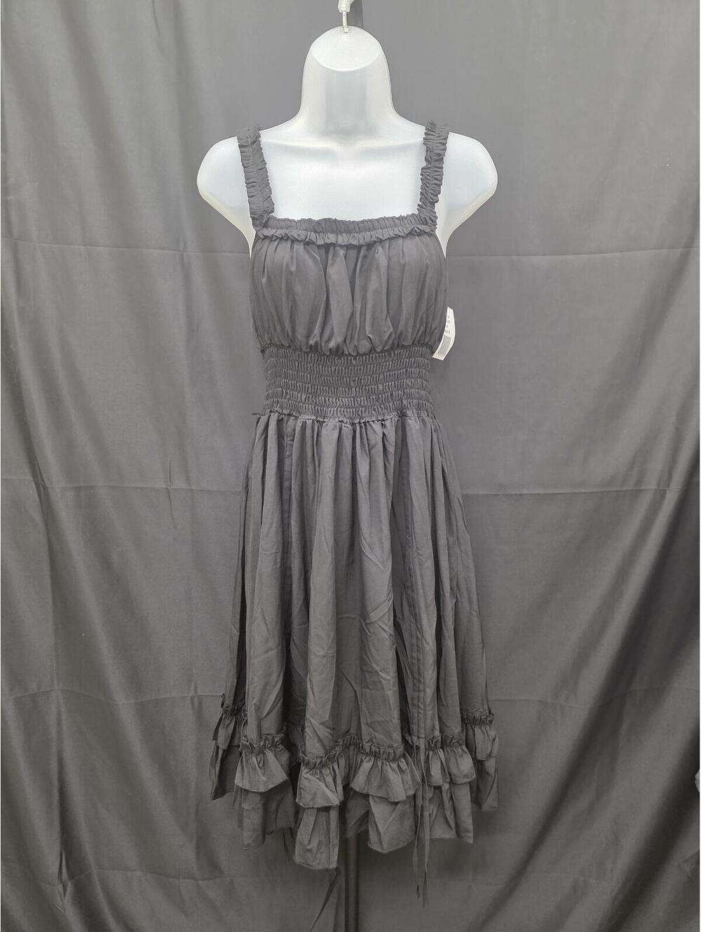 WOMEN’S BLACK RUFFLED MIDI DRESS SMOCKED WAIST STRAPS SIZE M